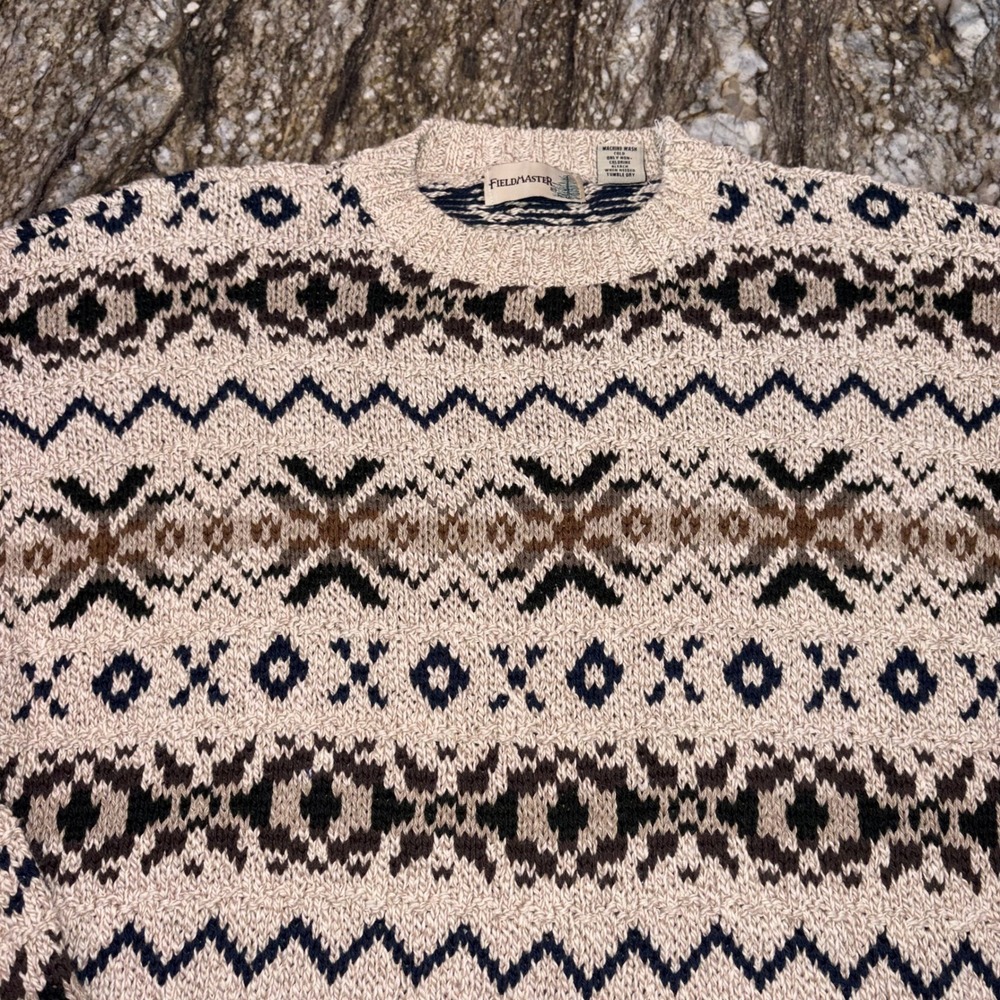 Vintage Grandpa Sweater Fair Isle Fieldmaster Knit Mens XLT Tan Brown Navy - Picture 2 of 11